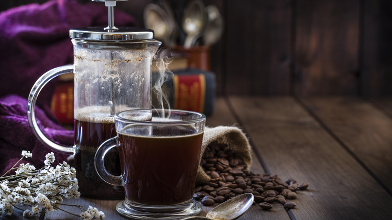 French press and cup of coffee